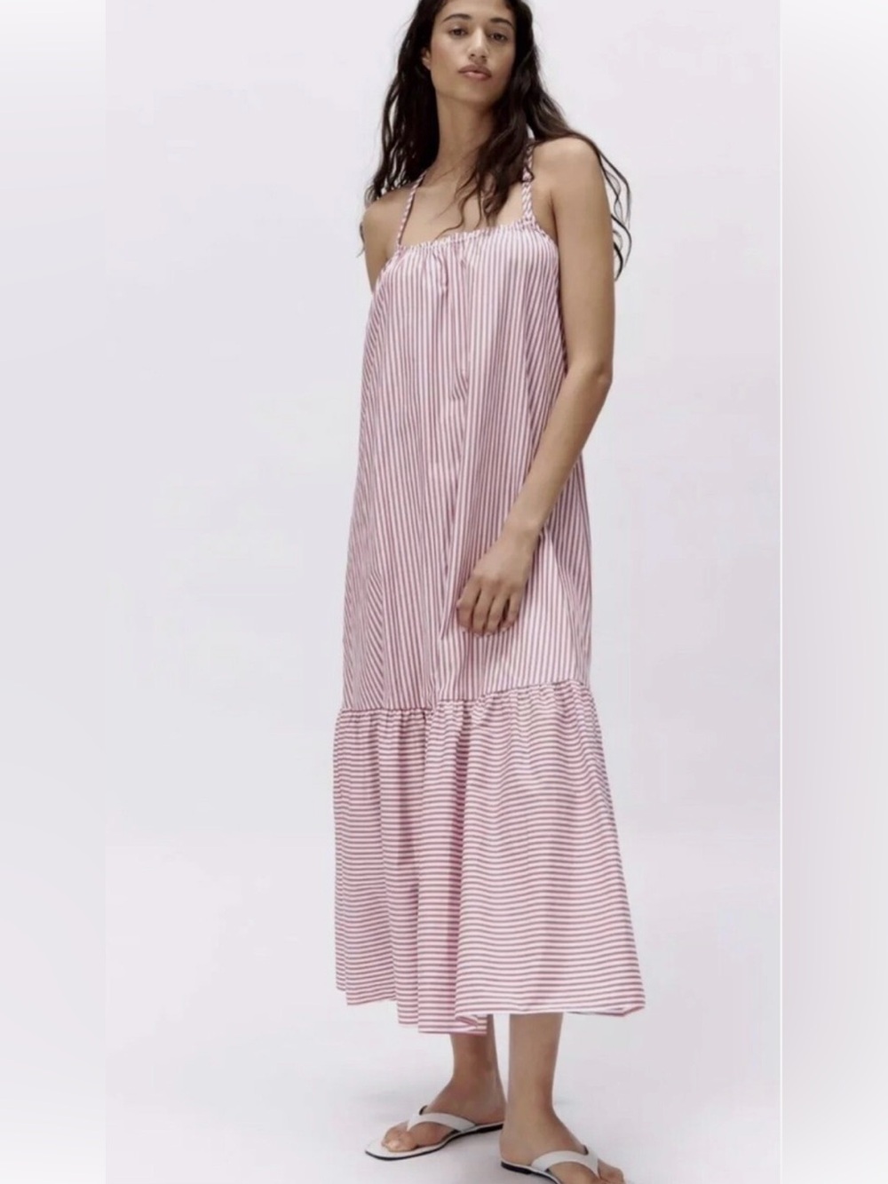 Zara Women's Red White Striped Cotton Poplin Maxi Dress Size Small
